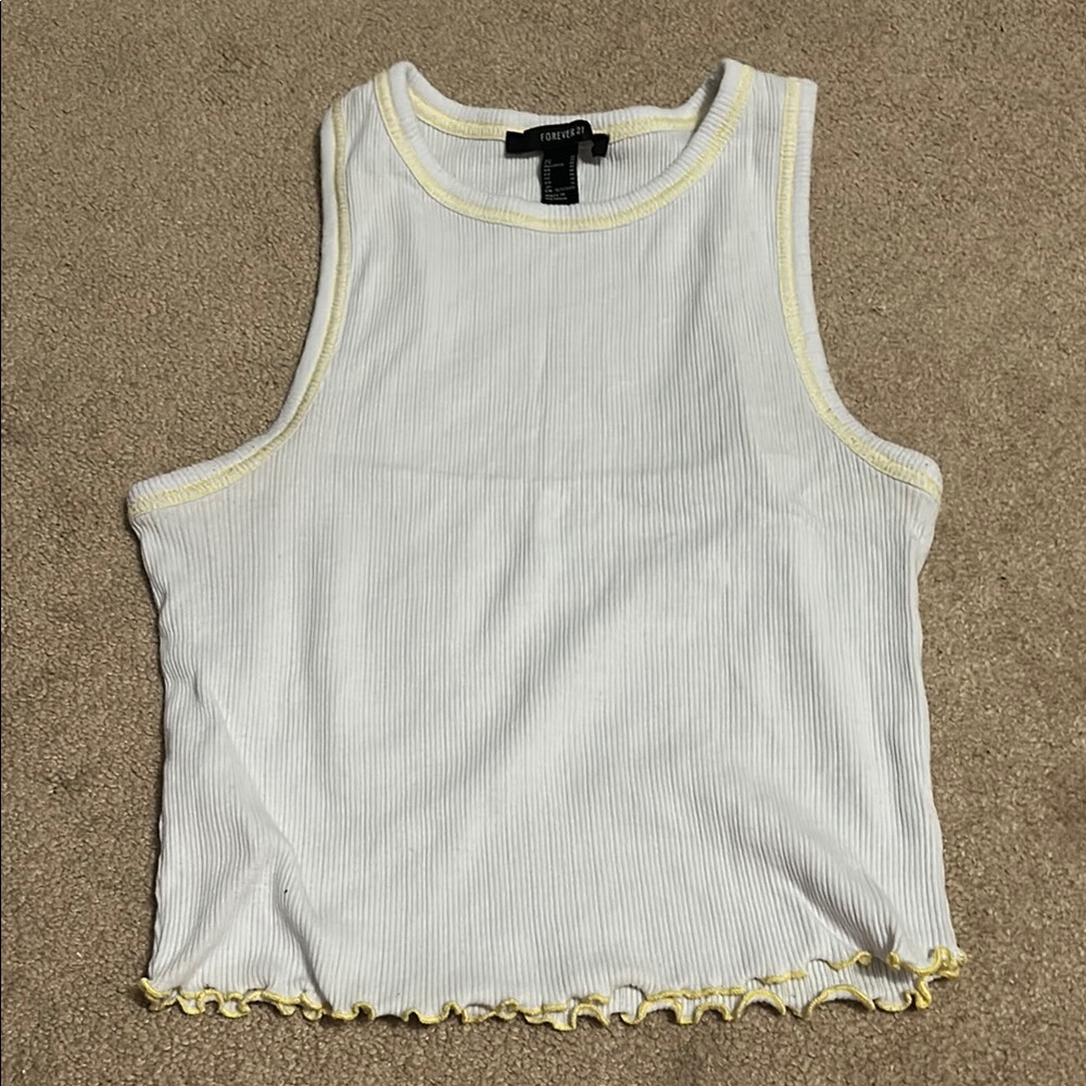 Forever 21 White and Yellow Ribbed Tank Top